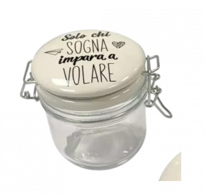 Felice Barattolo In Vetro Con Chiusura Tappo Con Scritte 7x9 cm 150 ml.