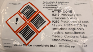 Acido Citrico monoidrato E330 sacchetto da 1 kg.